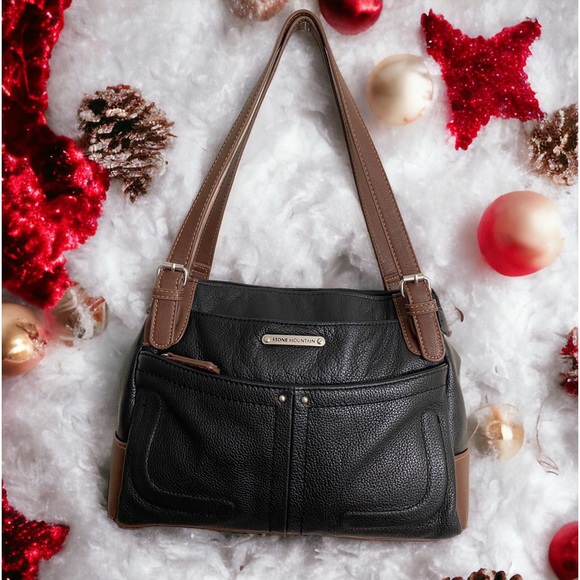 Handbags - Stone Mountain black leather Shoulder Bag with brown trim and silver hardware